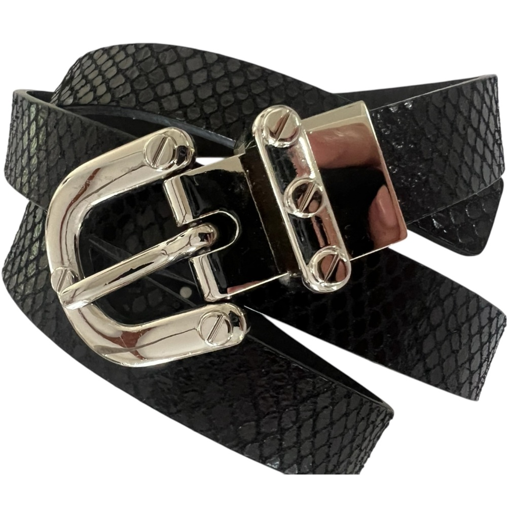 Michael Kors black leather belt thin 3/4” buckle silver snake embossed Size M